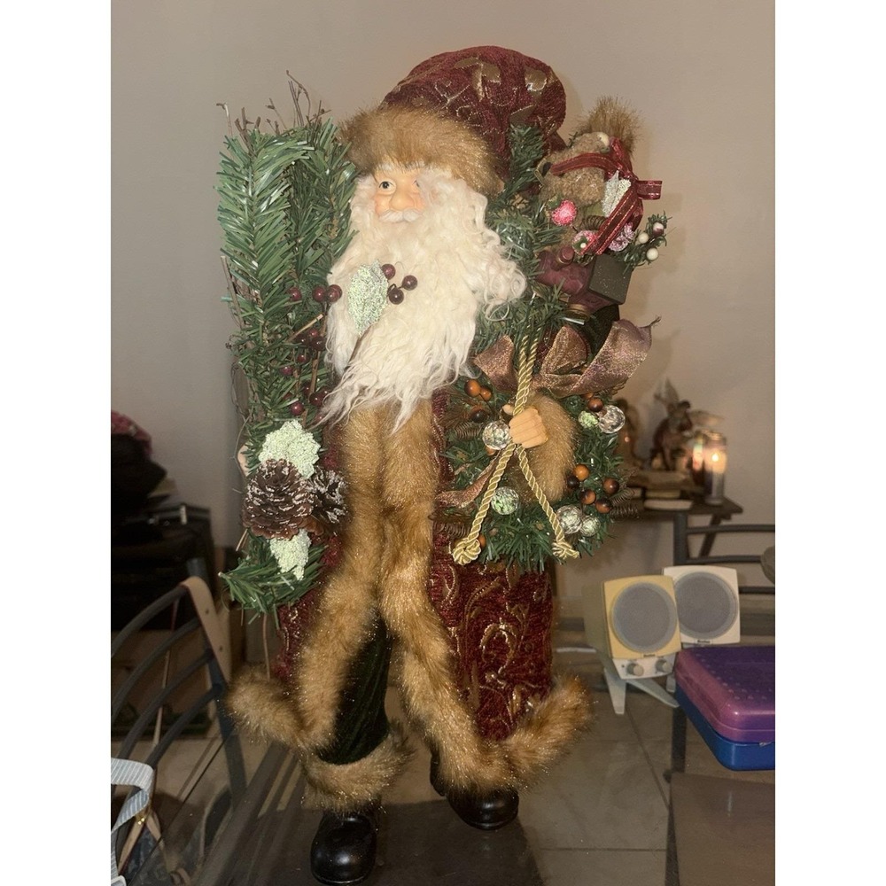 Vintage 24" Old World Santa Claus Figure Burgundy Velvet Heavy Boots Christmas